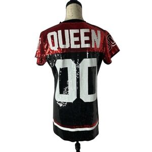 QUEEN OF SPARKLES Black & Red Sequin Game Day Jersey Mini Dress S